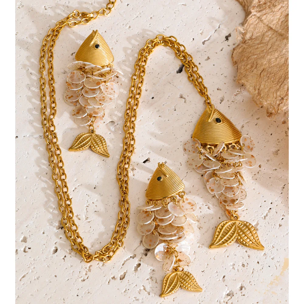 Ocean Style Colourful Shell Fish Drop Necklace Earrings Set