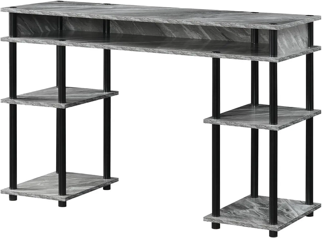 

No Tools Student Contemporary Office Desk and Vanity with Shelves, 47.25" L x 15.75" W x 30" H, Gray Marble/Black