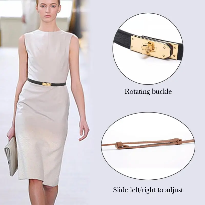 Adjustable Thin Belts for Women Leather Skinny Belt for Women Dresses Solid Color Alloy Turn Lock Belts