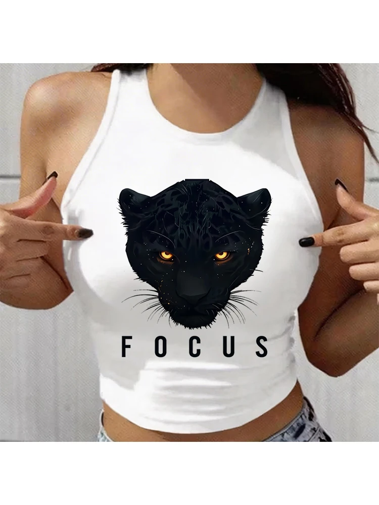 Black Panther Pattern Print Vest T-Shirt with Glowing Eyes Focus Design Women's Graphic Crop Tops Clothes Outfit Crop Tank Tops