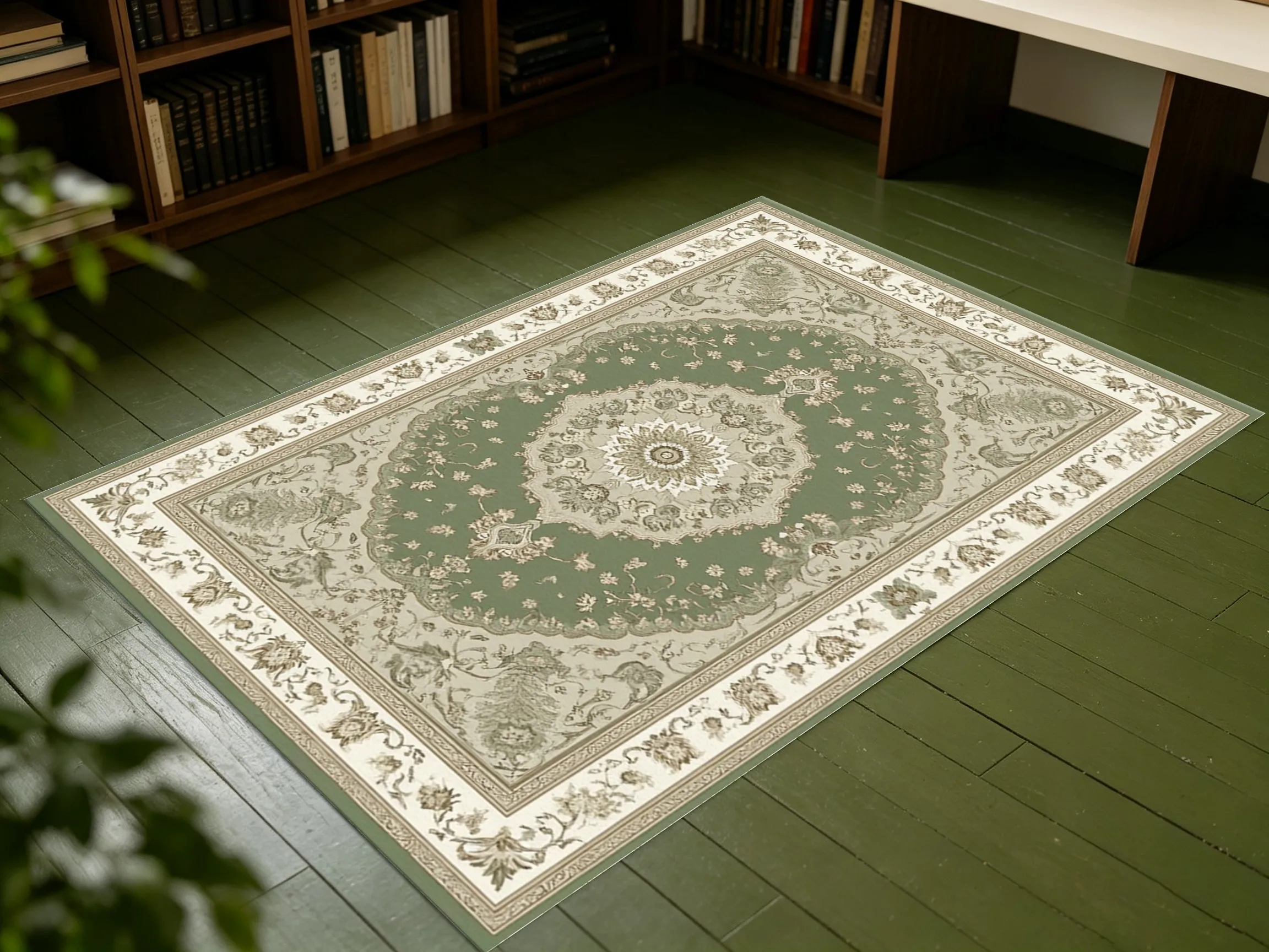 Velvet Rug Olive Green Retro Persian Symmetrical Pattern European Light Luxury Style for Living Room Decor