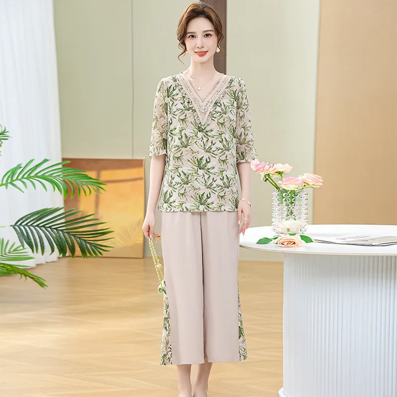 Elegant 2-Piece Sets For Women XL-5XL Thin Printed Summer Short Sleeve Shirt Pants Sets Middle Aged Mother Outfit Grandma Suit