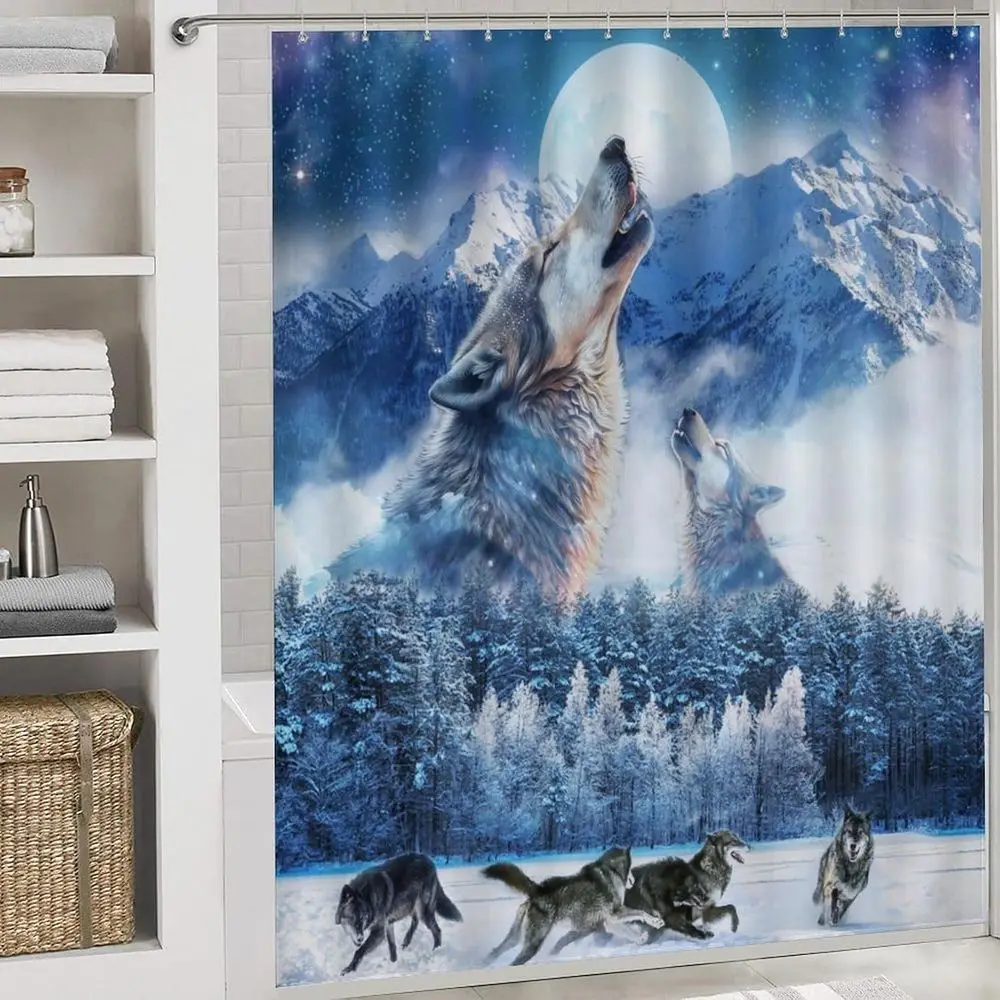 Juego de cortina de ducha Fantasy Forest Galaxy Wolf con lobos de montaña nevados, alfombras antideslizantes, cubierta para tapa de inodoro y alfombrilla de baño
