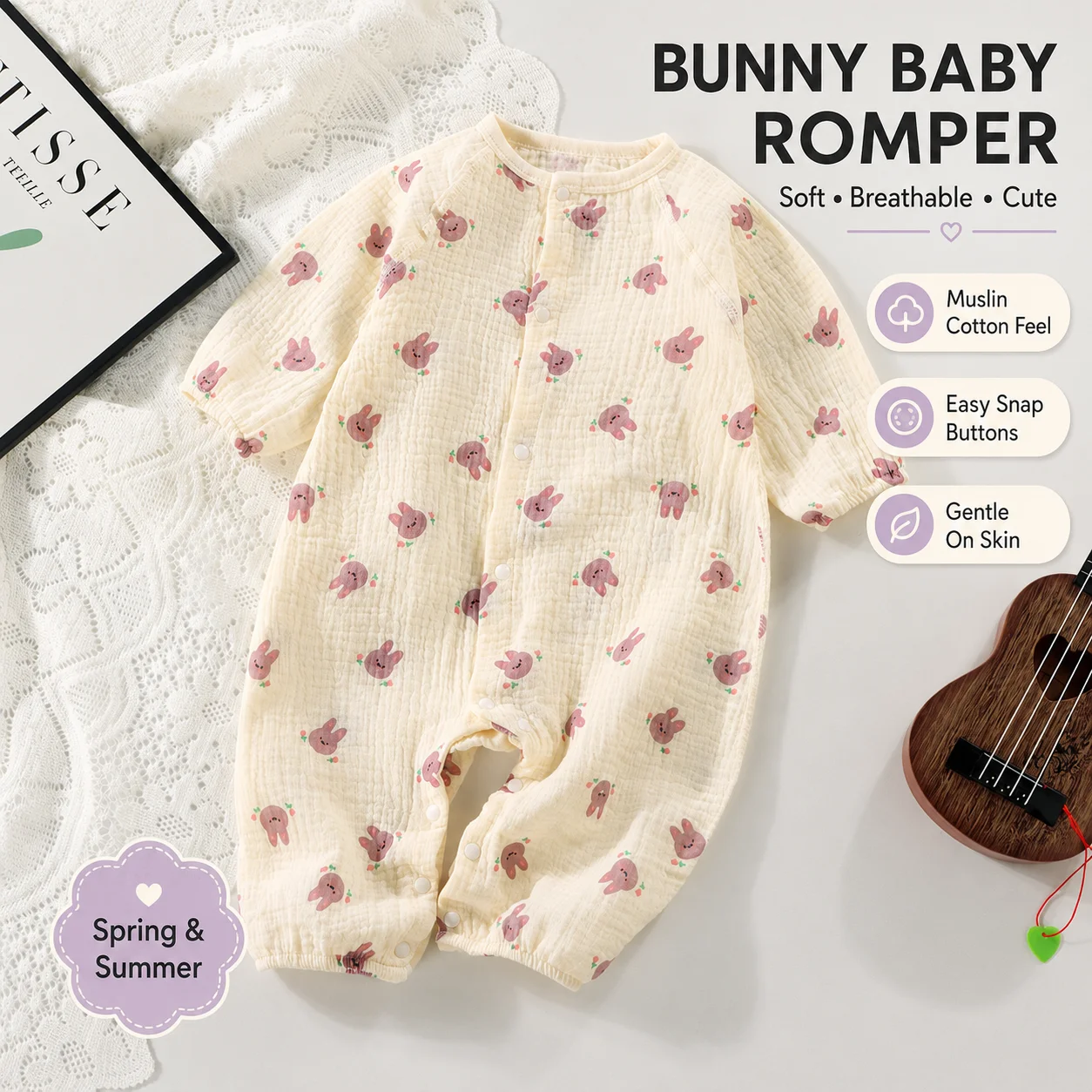 Baby-Strampler aus Musselin-Baumwolle, Neugeborenen-Jumpsuit mit Niedlichem Hasen-Print, Atmungsaktiver Langarm-Body für Jungen und Mädchen, 0-24 Monate