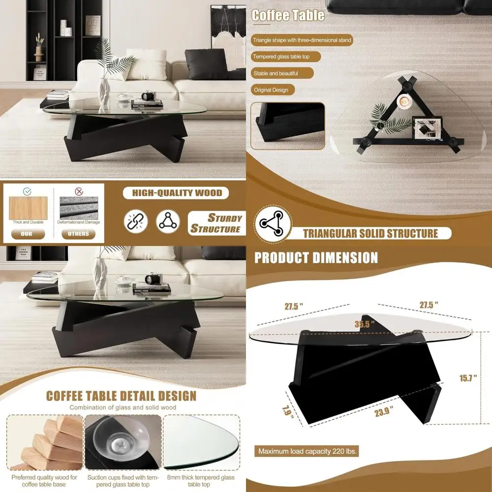 

Mid-Century Modern Triangle Coffee Table with Tempered Glass, Natural Wood, 35.5x27.5x15.7 for Small Living Rooms