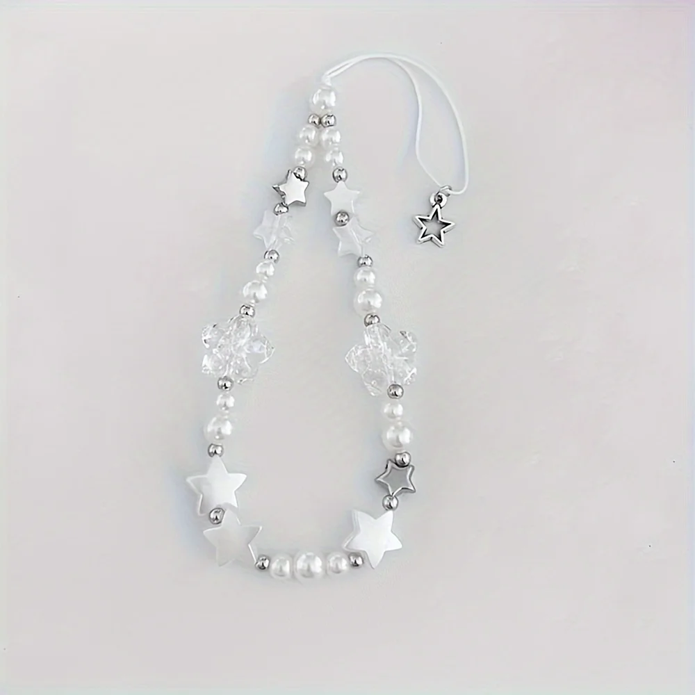 Korean Cute White Stars Pearl Beads Beaded Phone Chain Hanging Rope Anti-Lost Lanyard Hanging Chains Keychain Accessories