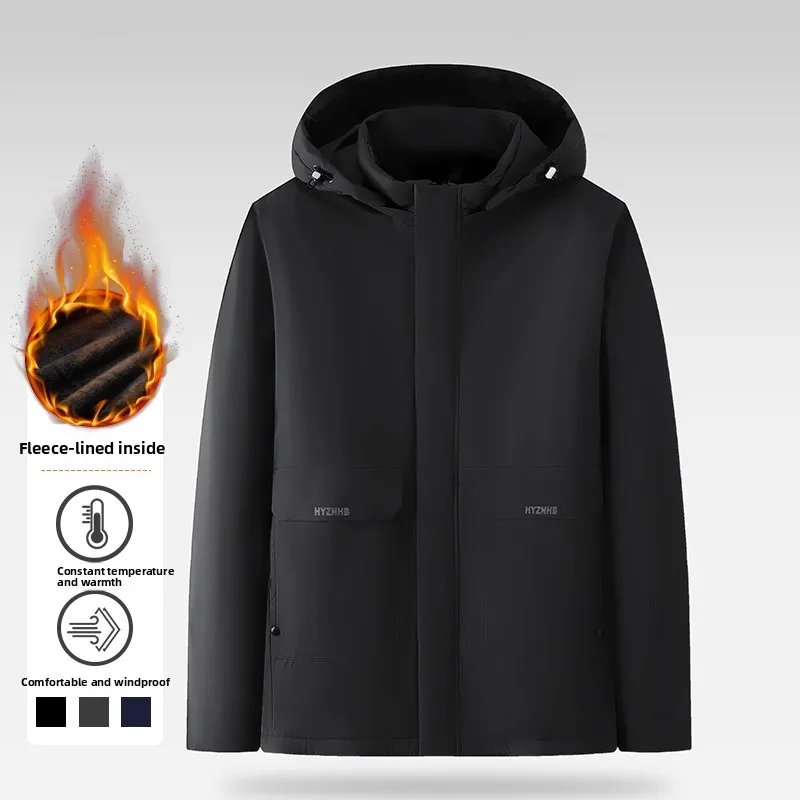 

Thiened Fce Casual Cotton Jaet Detachable Hat Warm Busin Leisure Sle Zipper Closure Side ket Stand Length