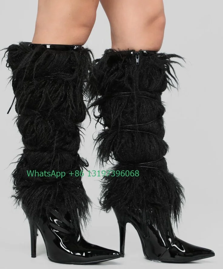 Lady yellow feather PU design knee boots sexy pointed toe black fur stiletto heels leather side zip boots footwear large size 43