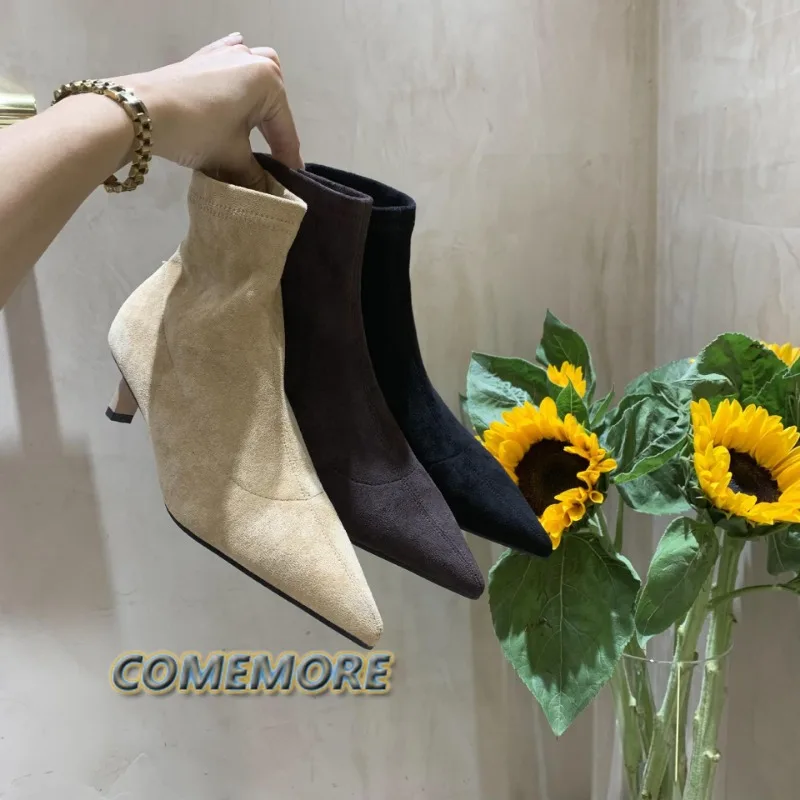 2023 New Autumn Women Sock Ankle Boots Fashion Black Slip on Ladies Elegant Dress Short Boot Thin High Heel Dress Chelsea Shoes