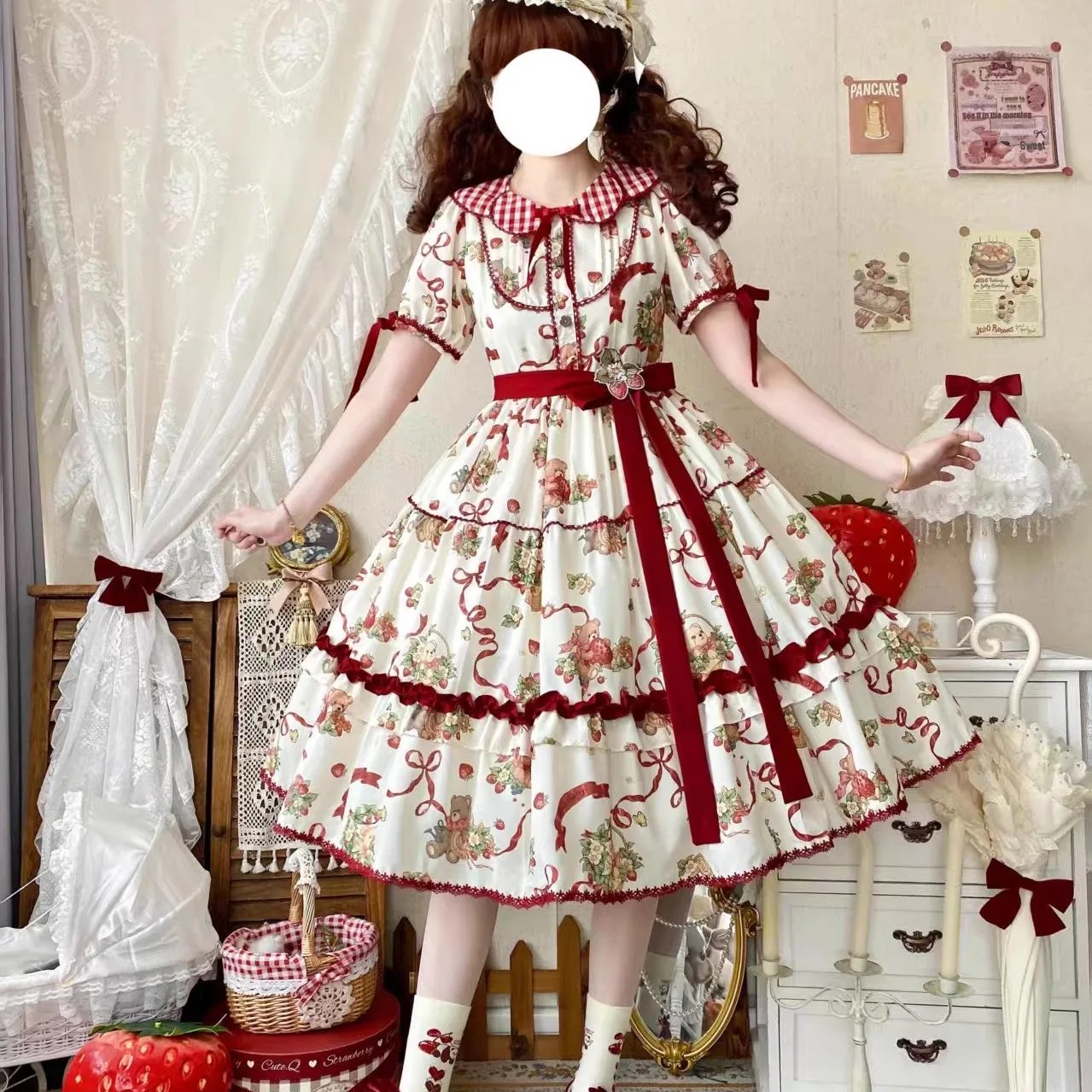 

Little Bear's Strawberry Orchard Dress Original Printed Daily Op Waist Lolita Girls' Tea Party Dress