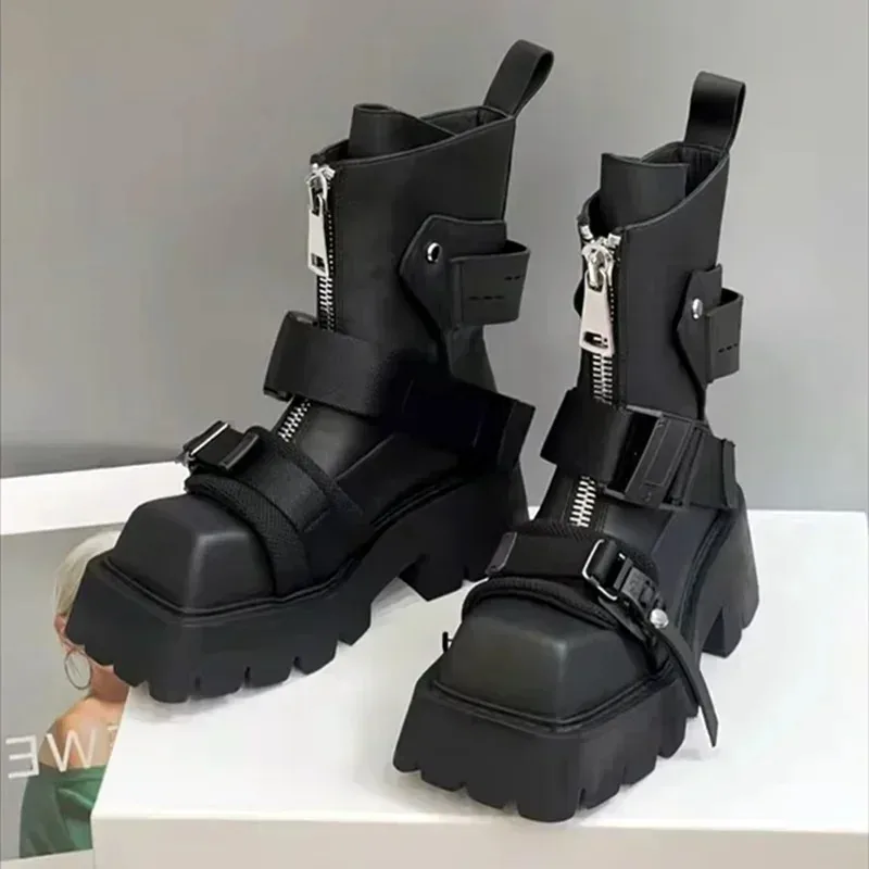 

Luxury Women's Boots Fashion Leather Ankle Boots Women Designer Zip Belt Buckle Strap Platform Motorcycle Boots Botas Para Mujer