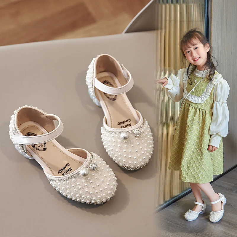 Fashion Girls Princess Shoes 2023 Summer Non-slip Children's Sandal Rhinestone Pearl Kids Dance Party Student Performance Shoes