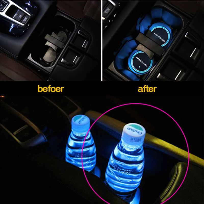 Luminous LED Car Cup Holder Coaster for Jeep Renegade 7 Colors Changing USB Charging Vibration Sensor Anti Slip Pad Custom Logo