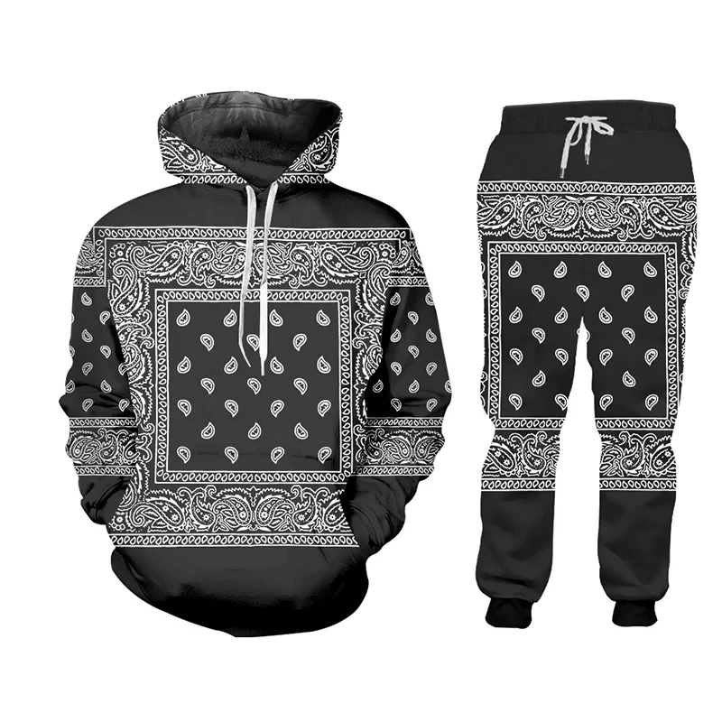 Sıcak Paisley grafik kaju çiçek kadınlar/erkekler 2 parça Set Jogger 3D pantolon Hoodie kırmızı siyah erkek eşofman Sweatpants Hoody Hoody wear