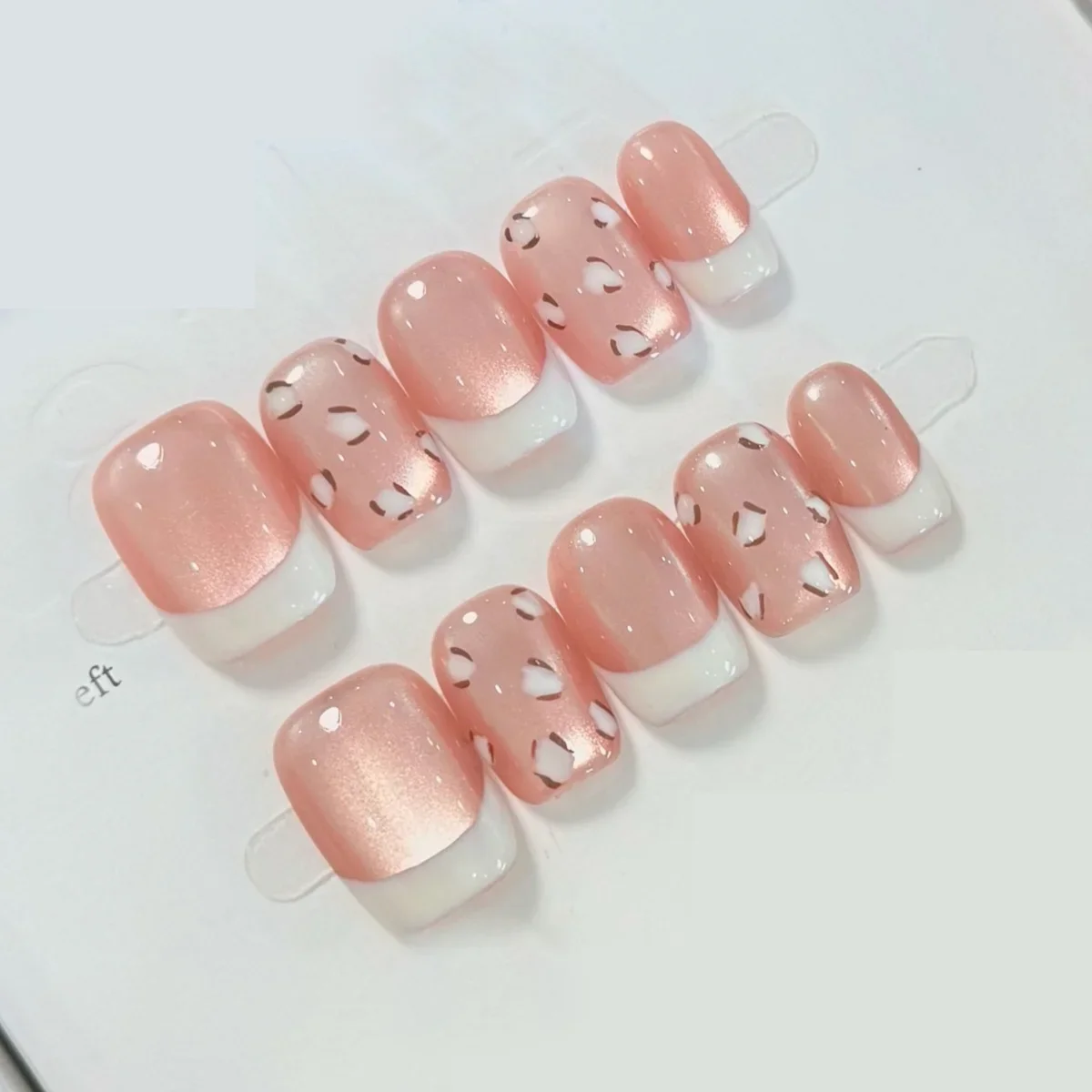 10個入り レザー調 ピンク フレンチ レオパード柄 付け爪 ハンドメイド グリッター ガラスビーズ キャッツアイ フェイクネイル 女性＆女の子向け ネイルアート