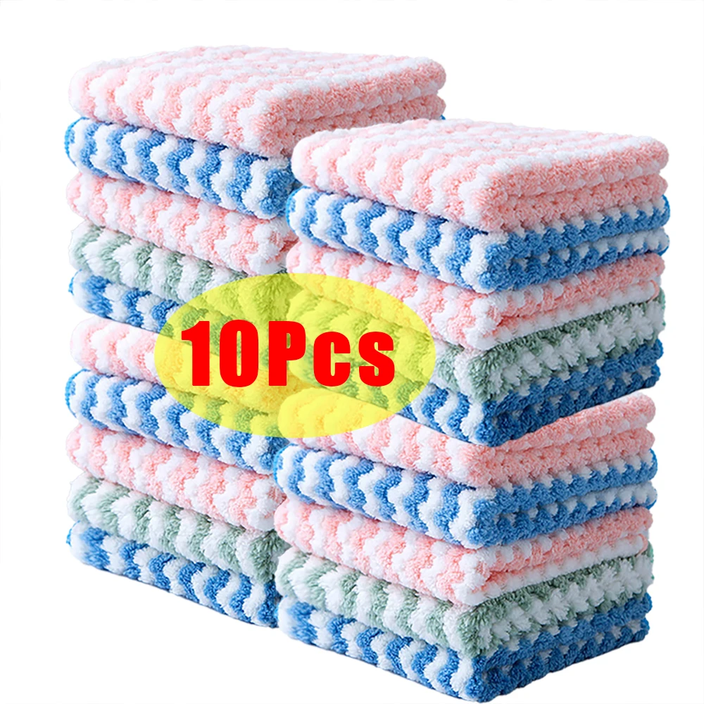 1/10Pcs Coral Fleece Dishcloths Thickened Absorbent Drying Cloth Kitchen Scouring Pad Not Stick Oil Rags Household Cleaning Wipe