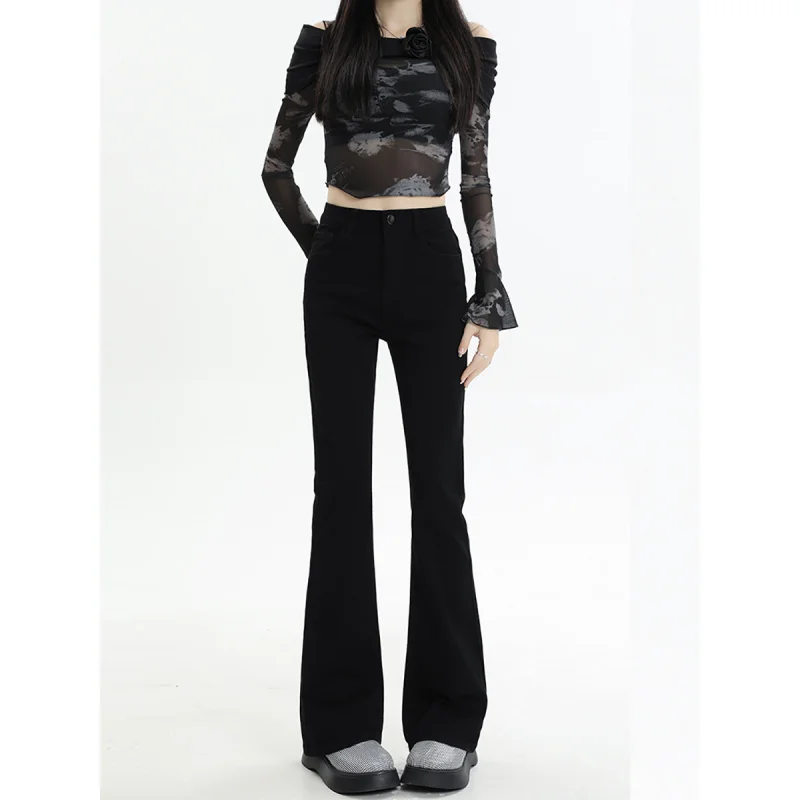 Women's 2025 Black Micro Flared Jeans High Waist Short Stature Slimming Horseshoe Long Pants