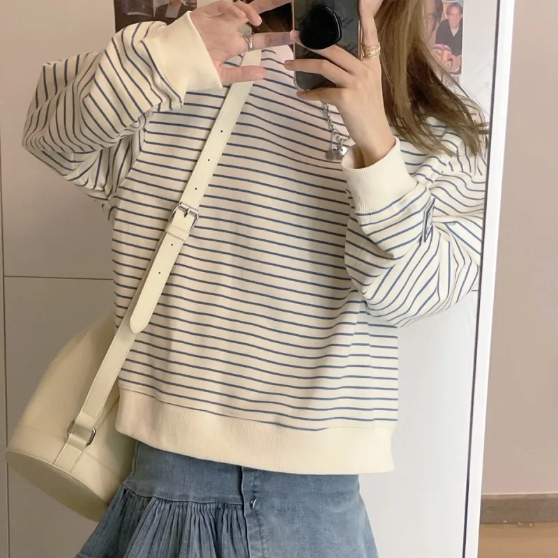 Stripe Long Sleeve Women Tees Tops Korean Round Neck Loose Pullovers for Girls Spring Autumn New Casual Sweatshirts