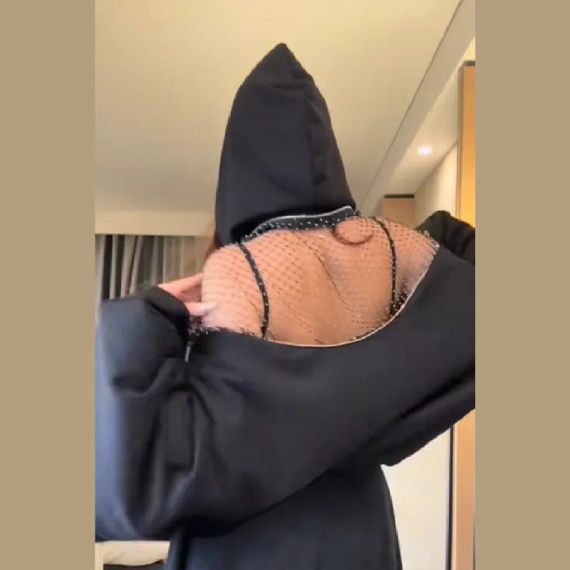 Sexy évidé filet de pêche dos nu à capuche mode nouveautés Cool noir décontracté Chic Cardigan sweat vêtements esthétiques