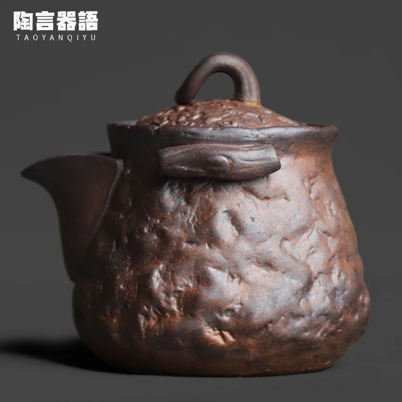 Vintage Style Rough Stoneware Textured Hand Held Teapot for Kung Fu Tea Etiquette - Small Wide Mouth Tea Brewing Single Pot