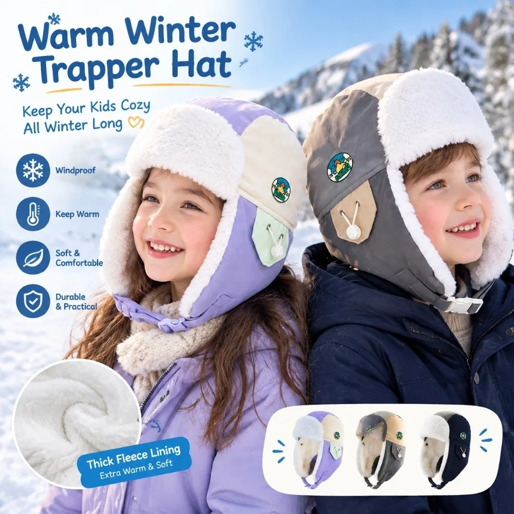Polyester Fleece Lined Winter Trapper Hat Soft Inner Lining 49-55CM Children Fleece Lined Hat Adjustable Fit Warm Earflap Hat