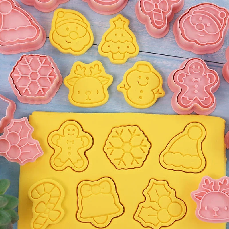 10pcs/set Christmas Cookie Cutters Cartoon Santa Snowman Tree Elk Shape Biscuit Mould Cookie Stamp Kitchen Baking Pastry Mold