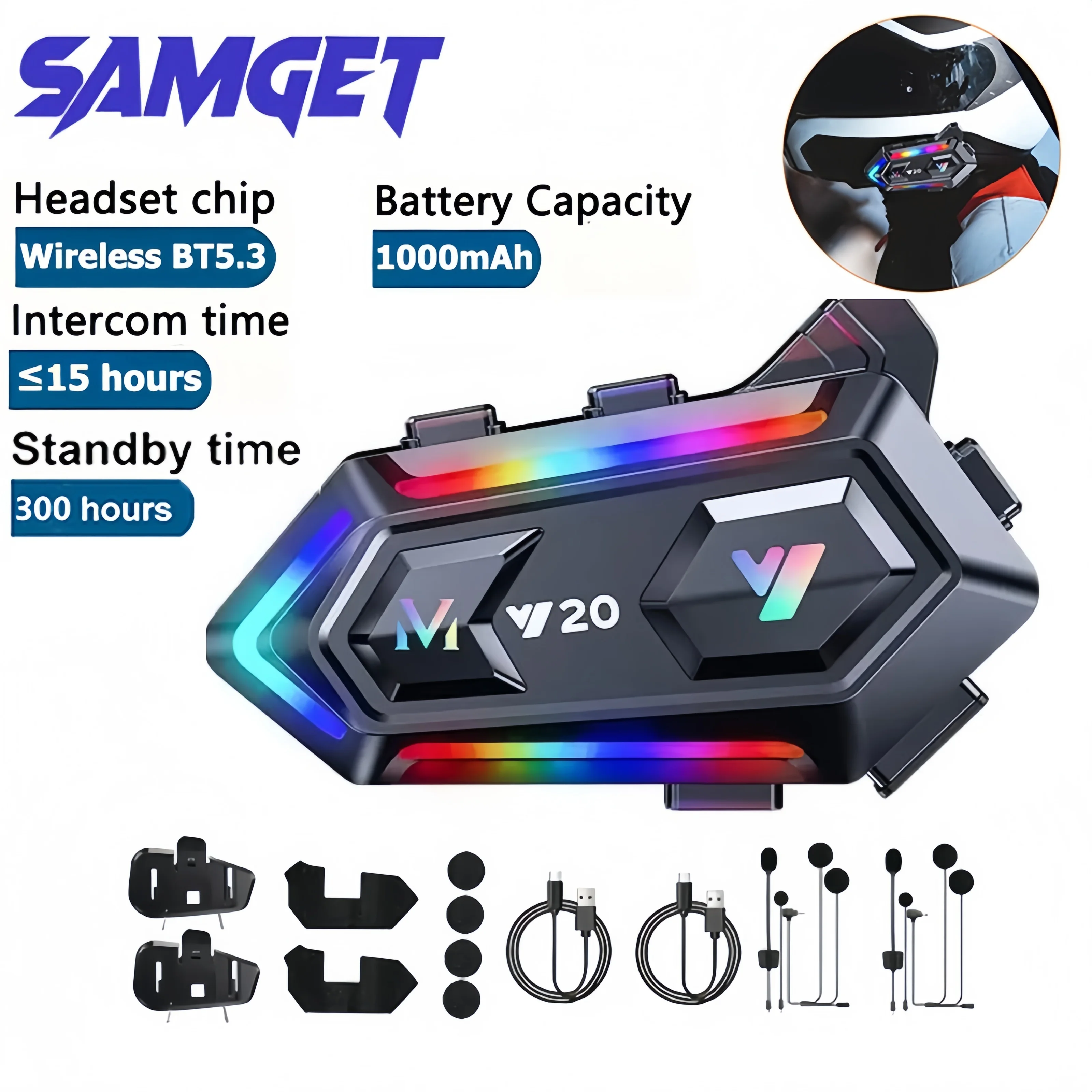 

Bluetooth 5,3 Y20 гарнитура для мотоциклетного шлема для гонщиков водонепроницаемая 1000 мАч домофон телефонное устройство динамики-коммуникаторы