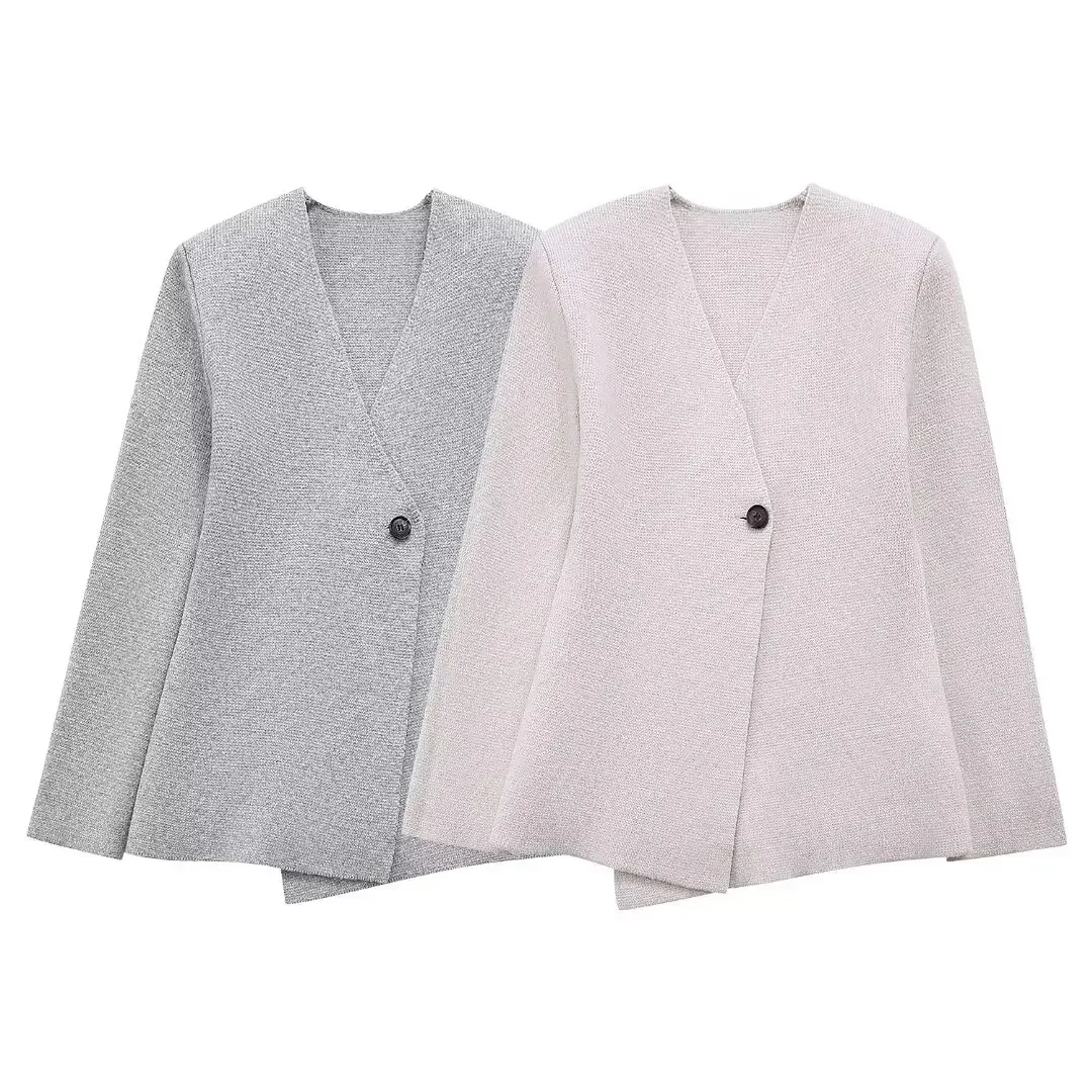 

Women's 2024 New Fashion Joker Temperament Slim Skirt Hem Knitted Suit Jacket Retro V-neck Long-sleeved Coat Jacket