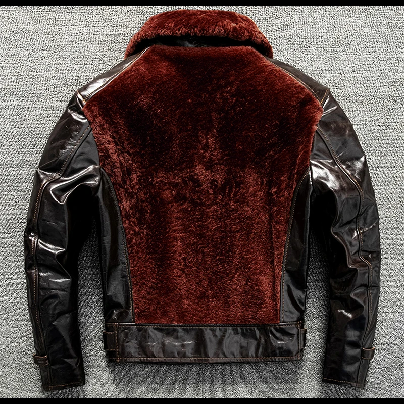 Red Brown Winter Leather Jacket Men Casual Style Plus Size 4XL Genuine Natural Cowhide Thick Warm Spliced Leather Coat