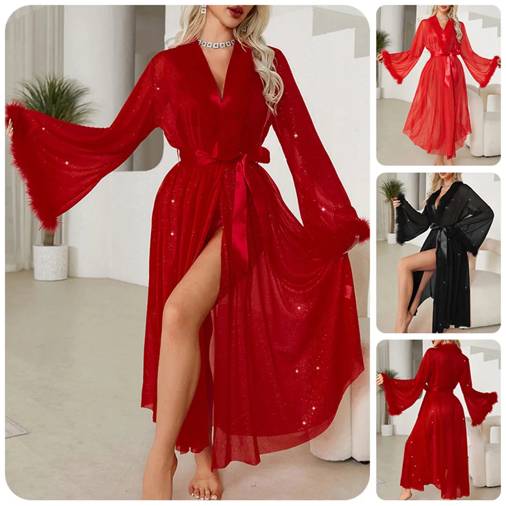 Women's Mesh Sleepwear Pulsh Cuff Long Robe Kimono Cardigan Bathrobe Sexy Perspective Chiffon Home Dress