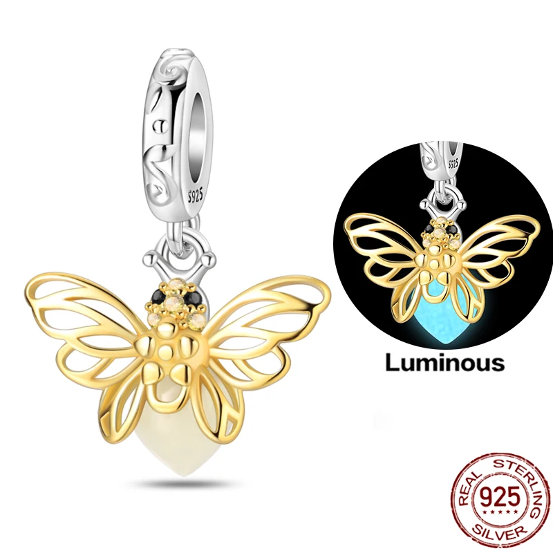 Colgante de luciérnaga luminosa de Plata de Ley 925, abalorio compatible con pulseras Pandora 925 originales, joyería fina DIY, regalos para hacer