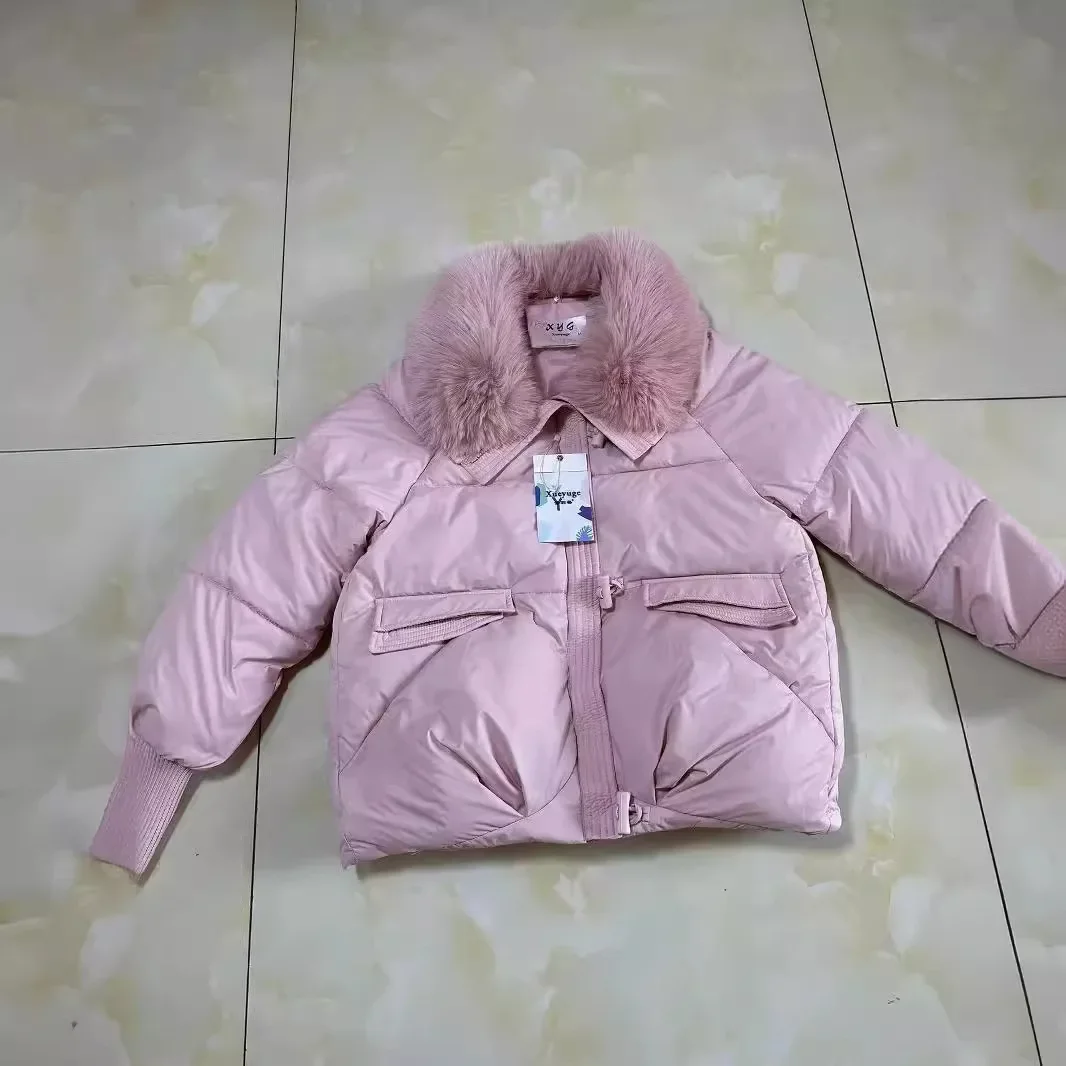 Nuovo inverno caldo collo di pelliccia parka abbigliamento donna freddo piumino cappotto corto spesso tasche Streetwear top manica lunga Mujer