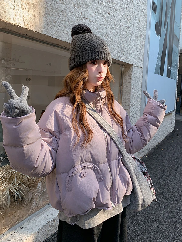 

Уникальная красивая фиолетовая женская зимняя куртка с воротником-стойкой, новинка 2025 года, маленький размер, теплая, модная верхняя одежда для девушек