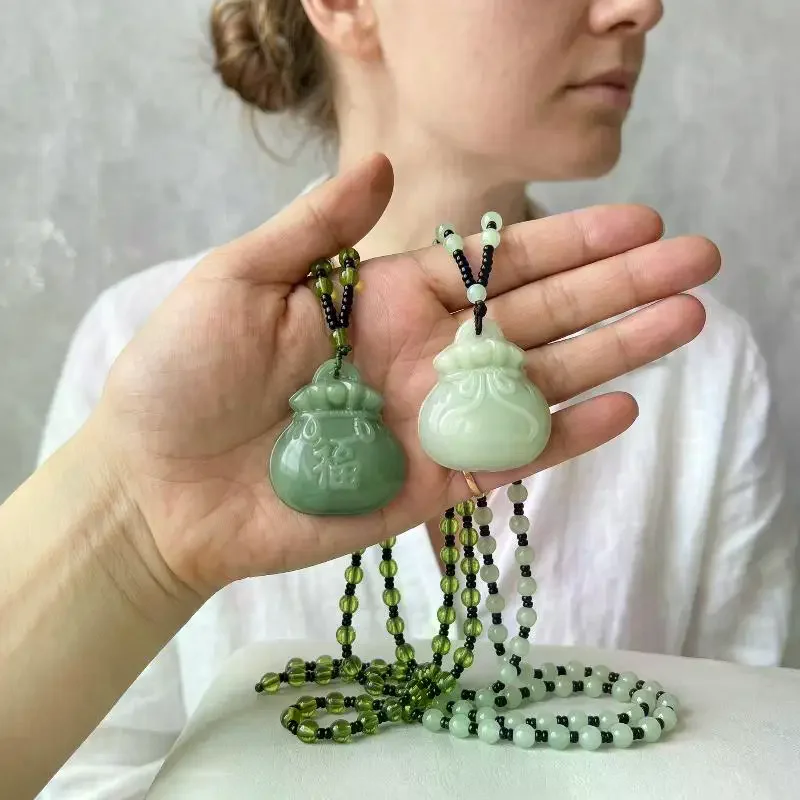 Carved Blessing Lucky Gifts For Women Men Lucky Bag Pendant Jade Necklace Fashion Charm Religious Jewelry Necklace Gift
