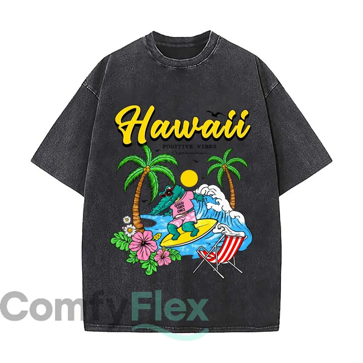 Hawaii Positive Vibes Destination Good Vibes Only Surfing Crocodile Tropical Beach Washed Short Sleeve Loose Streetwear Tee