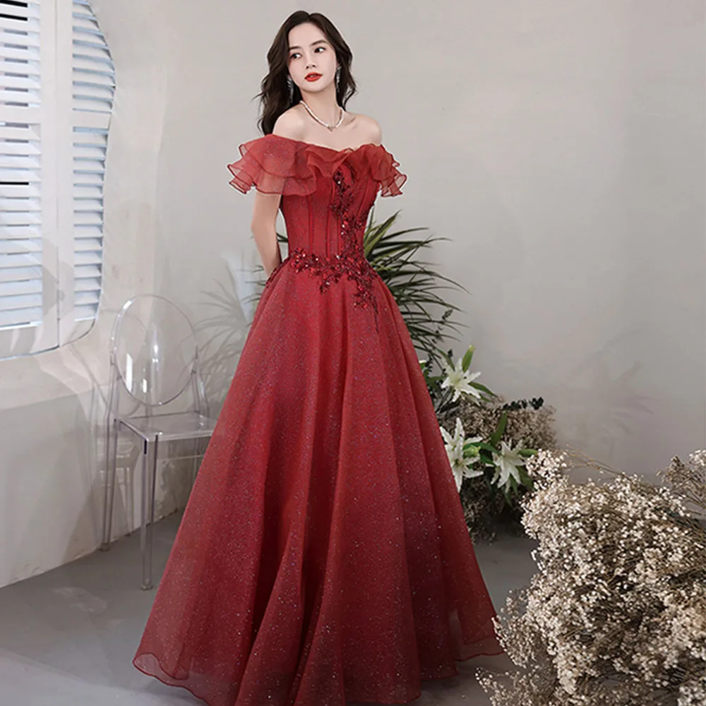 

Sparking Burgundy A Evening Dress Lace Appliques Party Gown for Women Sweetheart robes de soirée Off Shoulder vestidos de noche