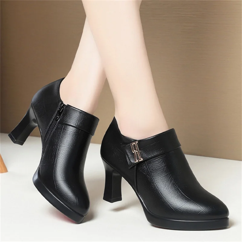 

Spring Autumn Versatile Soft Leather Shoes Women Elegant Deep Mouth Spike Heels Office Business Dress Waterproof Platform Shoes