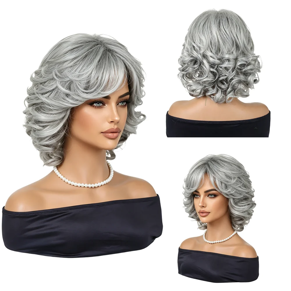 Elegant Silver Gray Short Curly Wig For Women Shoulder Length Wavy Wigs with Bangs Synthetic Heat Resistant Natural Fluffy Hair