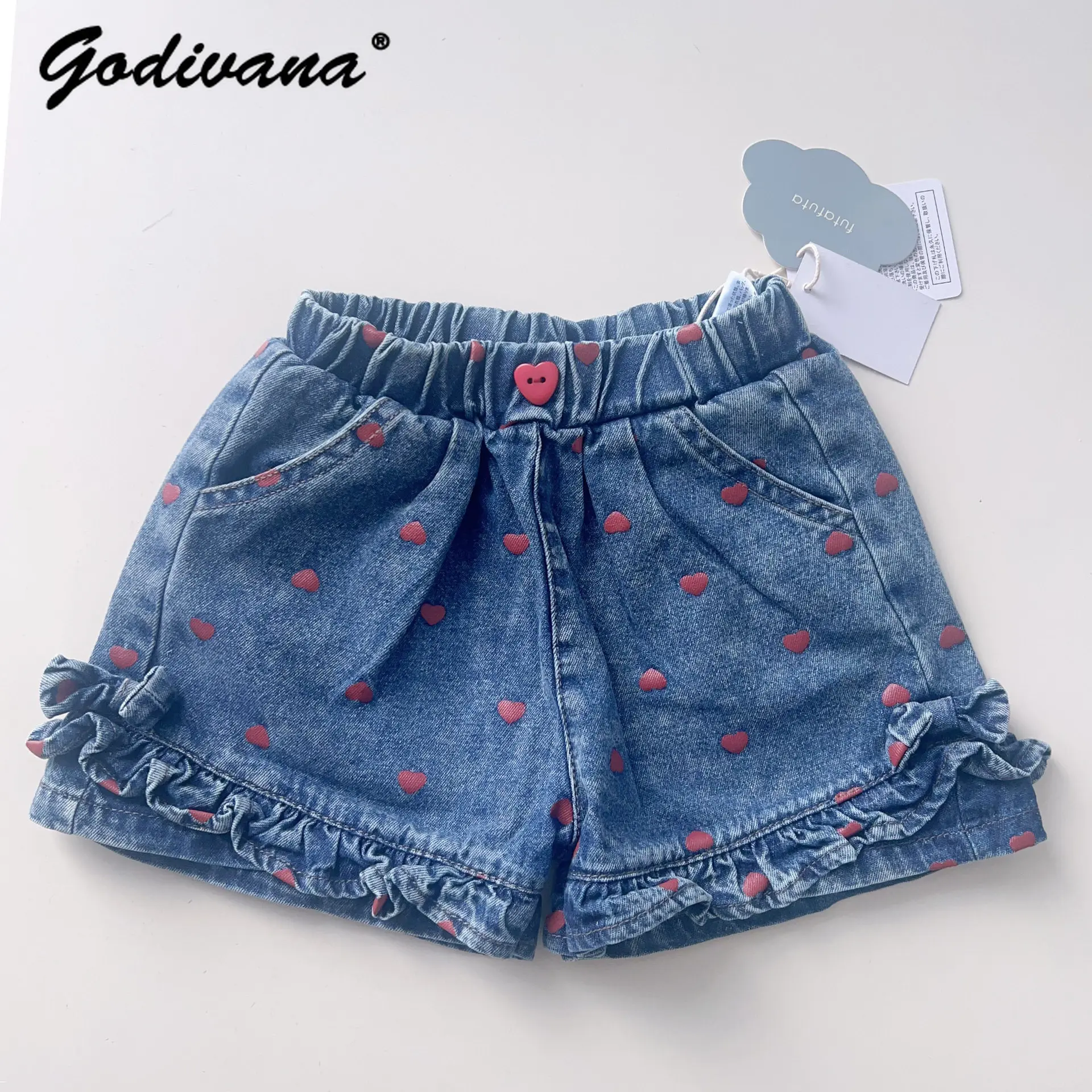 

Japanese Baby Girls Sweet Denim Shorts Kids New Summer 2026 Fashion Versatile Elastic Waist Lace Trim Cute Bow Heart Print Jeans