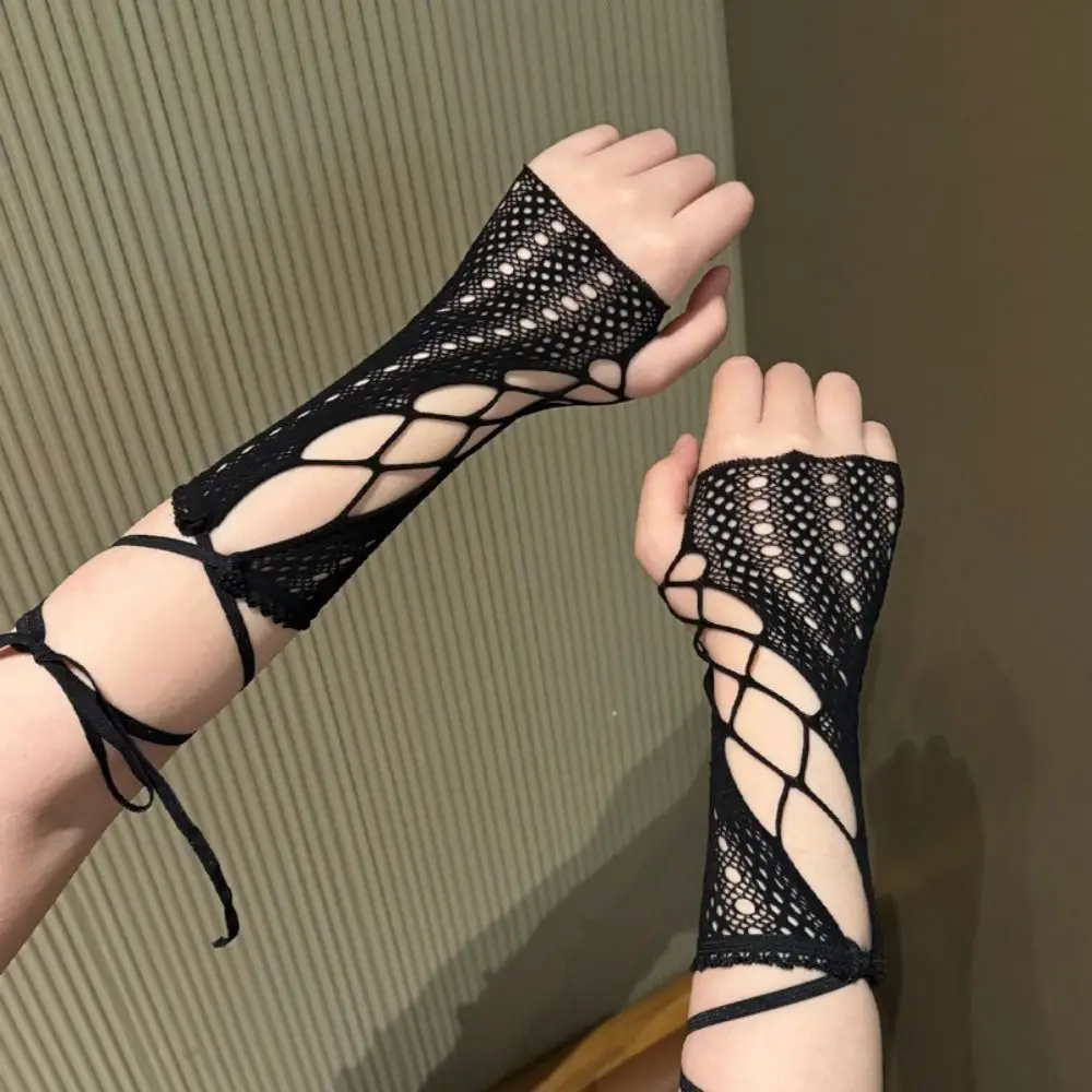 Gants vintage en dentelle à volants en maille, design sexy, manches fines sans doigts, avec nœuds croisés, style Lolita