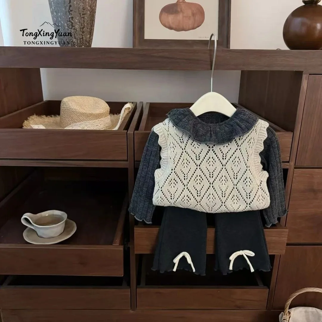 Original Korean Baby Girl Ruffled Collar Hollow Knit Vest Bow Knot Flare Pants Fashion New Autumn Match