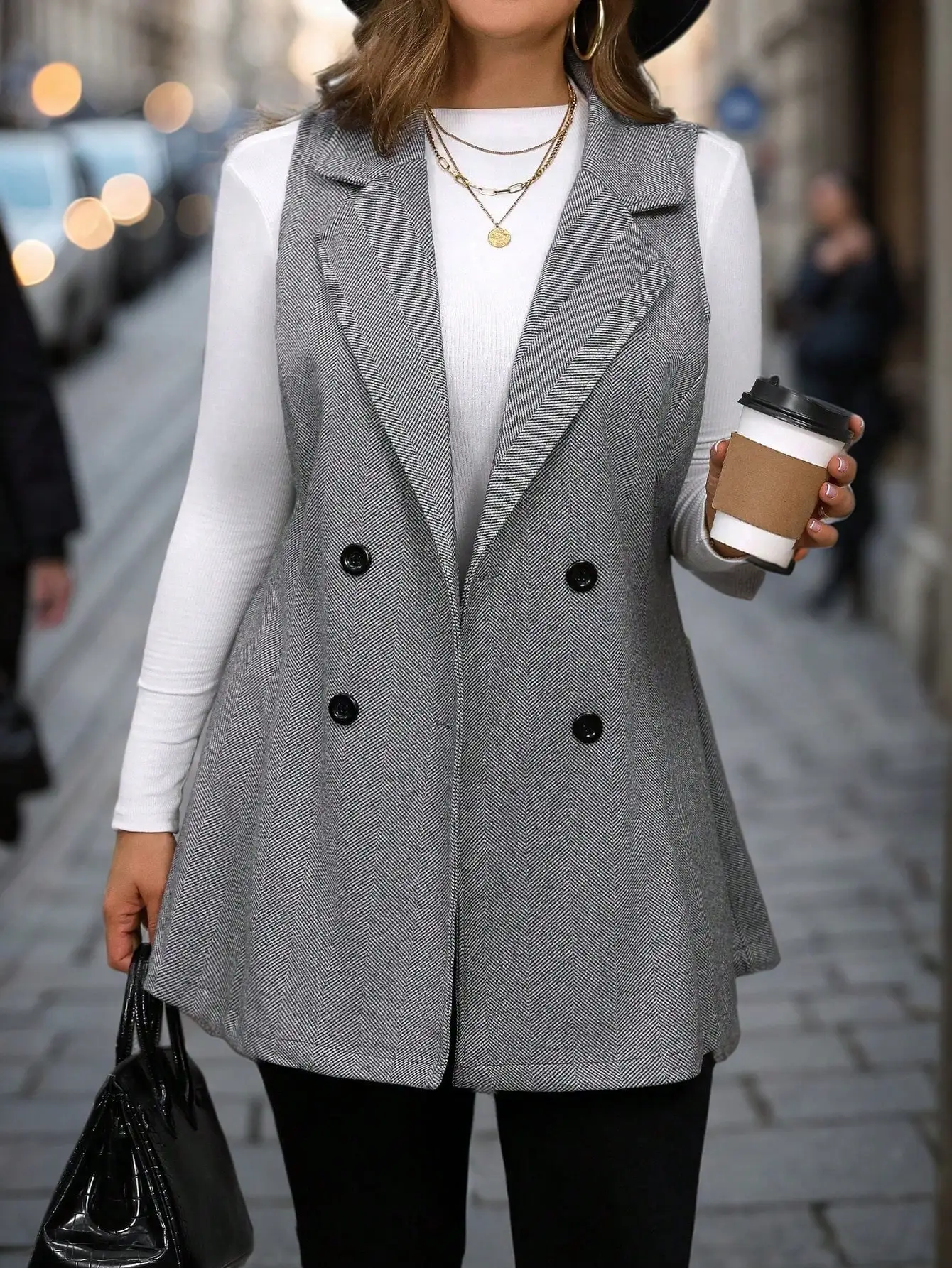 

Жакет без рукавов с двойным рядом пуговиц и отложным воротником, узор «ёлочка», больших размеров, EMERY ROSE, 1 шт.