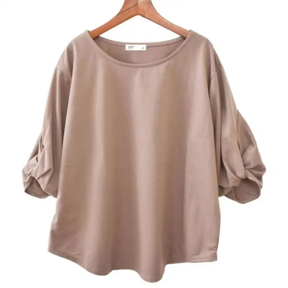 

Knotted Cuffs T-shirt Stylish Women's Summer Tops Round Neck Three-quarter Sleeve T-shirt with Knotted Cuffs Loose Fit for Women