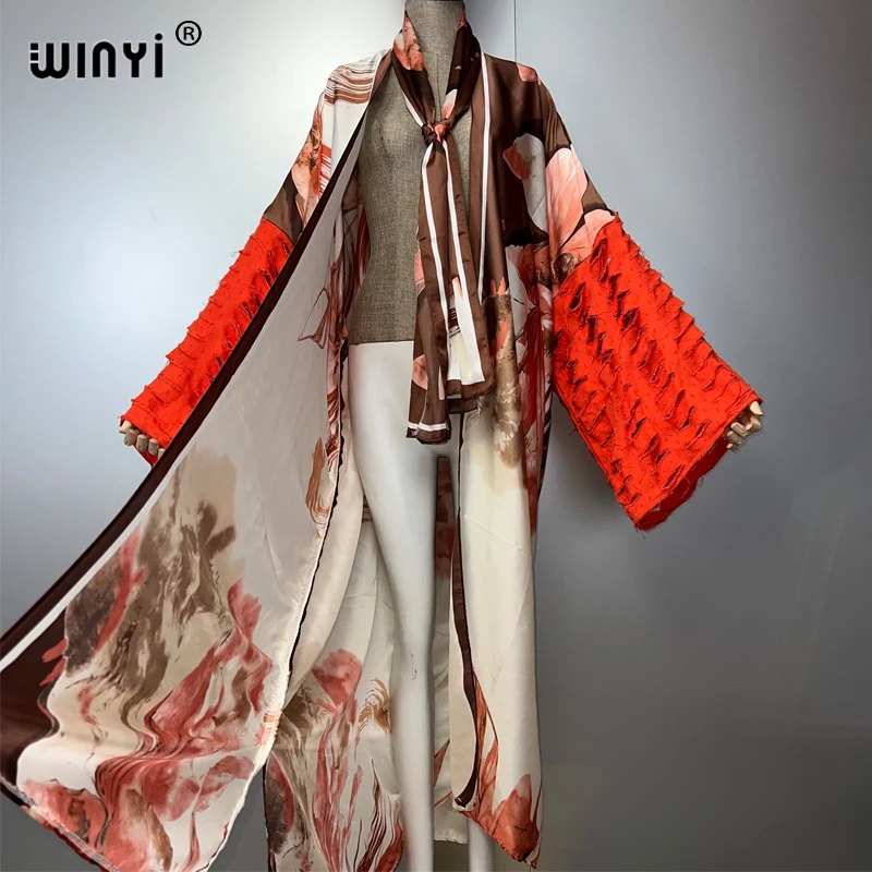 WINYI 着物ファッションマキシドレスビーチウェアカバーアップアバヤドバイ高級カーディガンビーチ衣装女性のためのブロークジーンズ袖コート