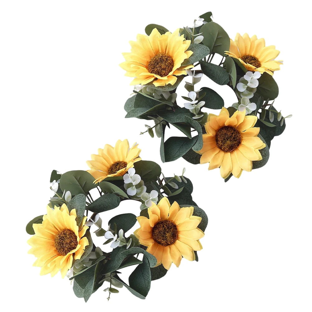 

2Pcs Floral Rings Wreaths Artificial Sunflower Eucalyptus Leaves Spring Summer Rustic Farmhouse Wedding Table