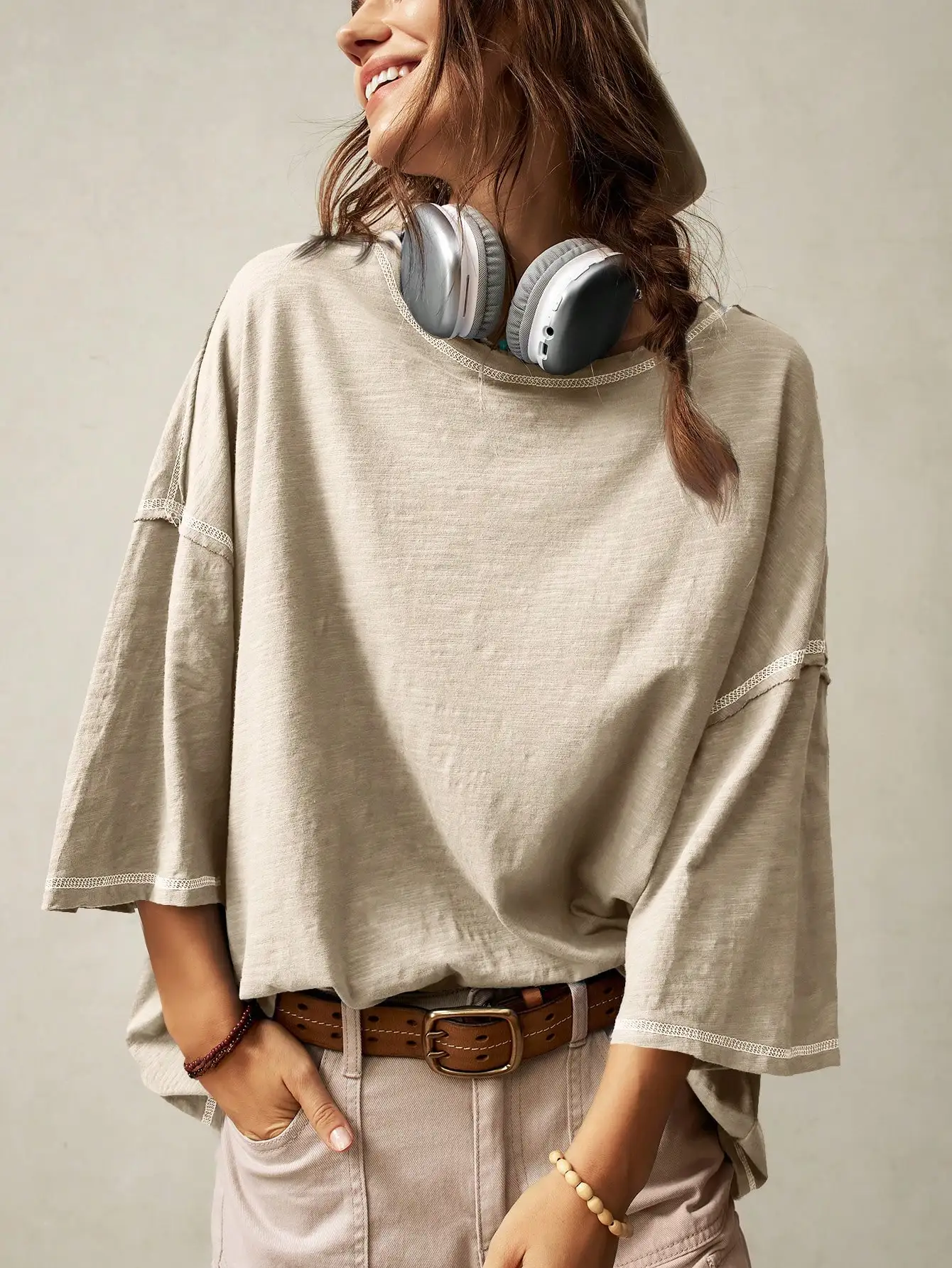 Womens Oversized Three Quarter Sleeve Sweatshirt Granola Girl Skater Nomad Aesthetic Slub Cotton Tee Top Solid Sand Beige Contrast White Exposed Stitching Wide Boat Neck Drop Shoulder Slouchy Boxy Fit For Fall Spring Vacation Daily Outfits Christmas Gift