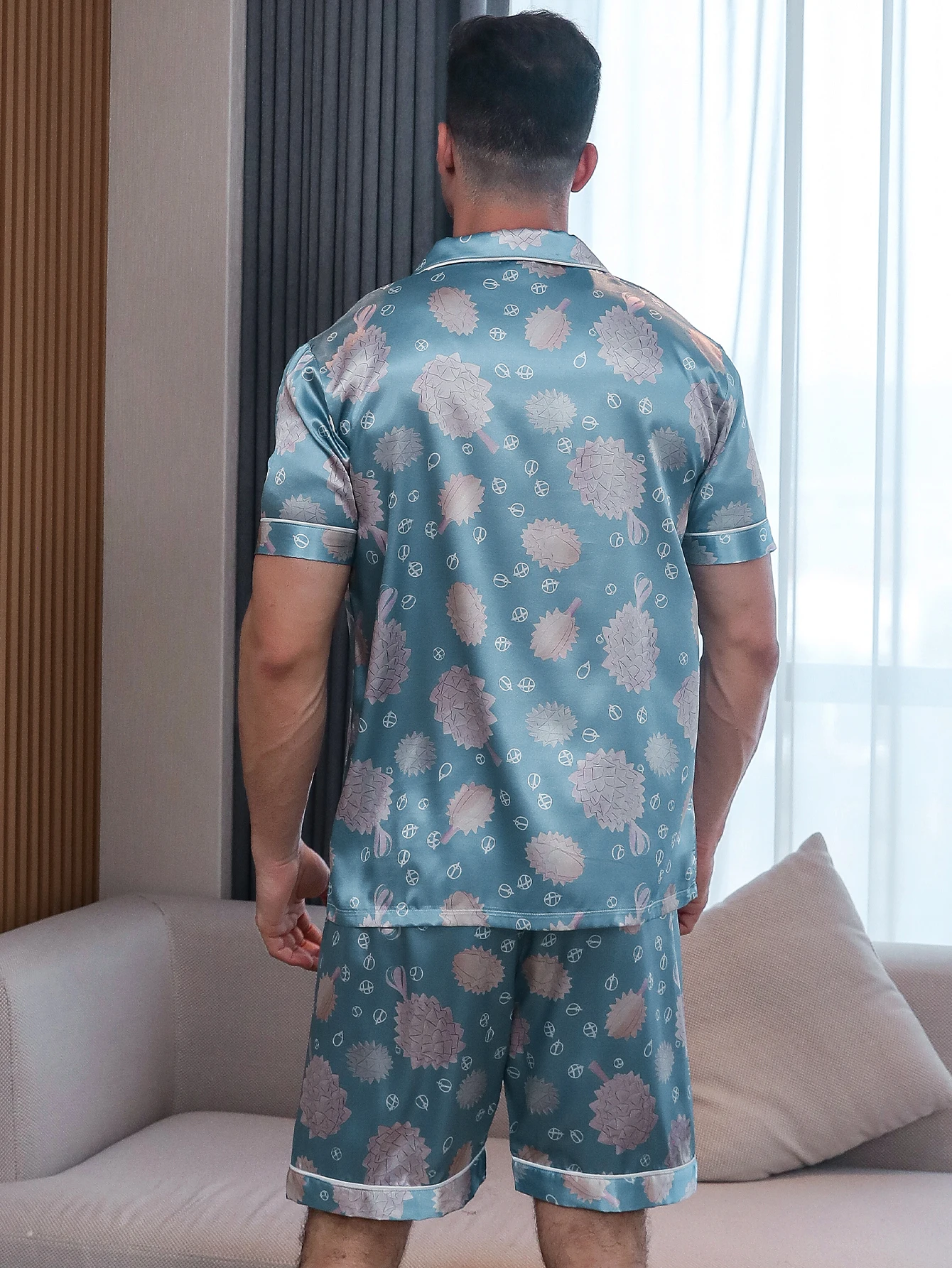 Conjunto de pijama de dos piezas para hombre pantalones cortos de manga corta de verano ropa de dormir con estampado de patrón duriano para el hogar