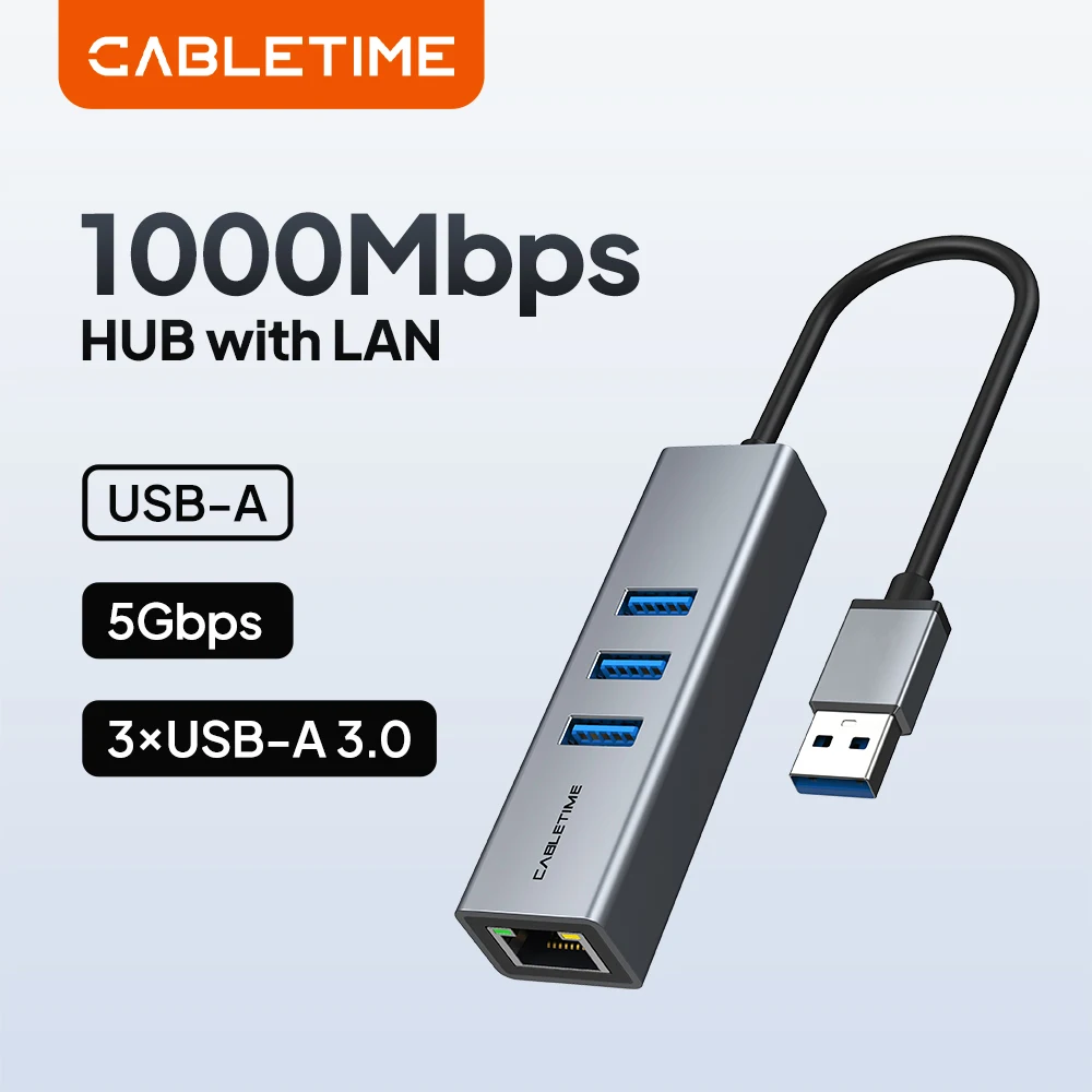 CABLETIME Adaptateur Ethernet Gigabit USB 3.0 RJ45 Carte réseau 1000 Mbps avec hub USB 3 ports pour MacBook et ordinateurs portables