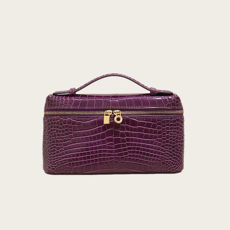 Women Luxury Crocodile Embossed Genuine Leather Lunch Box Handbag 19cm Small Mini Shoulder Crossbody Bag Daily Mobile Purse