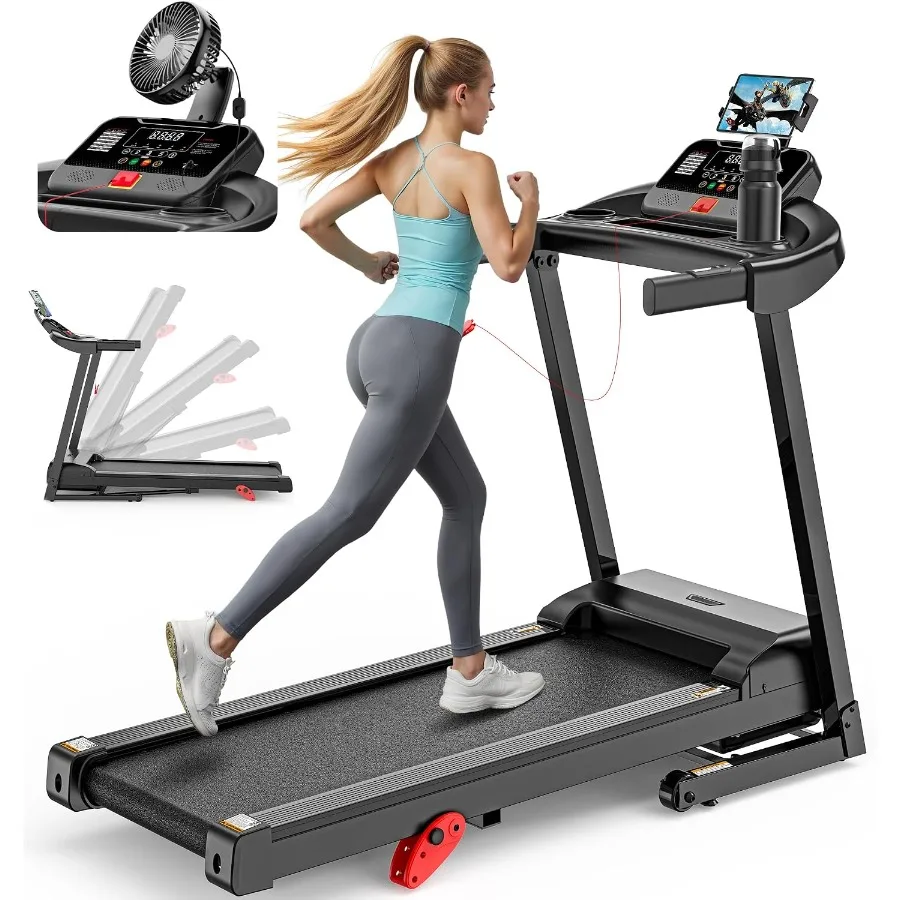 Home folding treadmill with steel frame, black finish, 400 lbs capacity, 7.5MPH/10MPH speed, 16''/18'' wide belt, 71 programs,